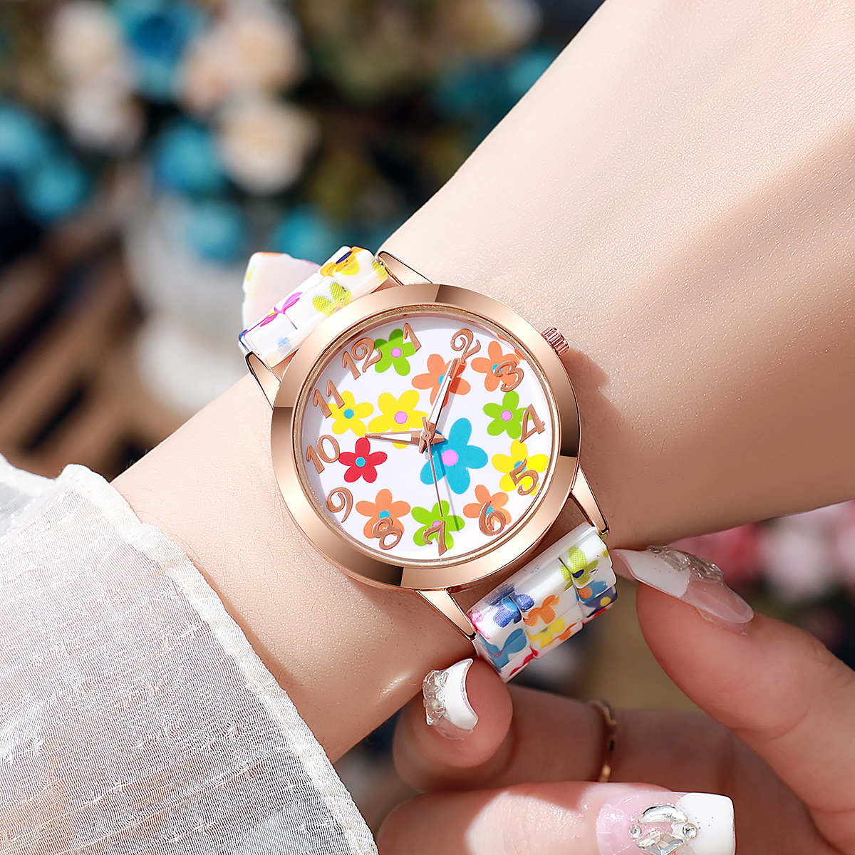 Fashion Flowers Printed Women  - Silicone Band Women บทวิจารณ์และราคา